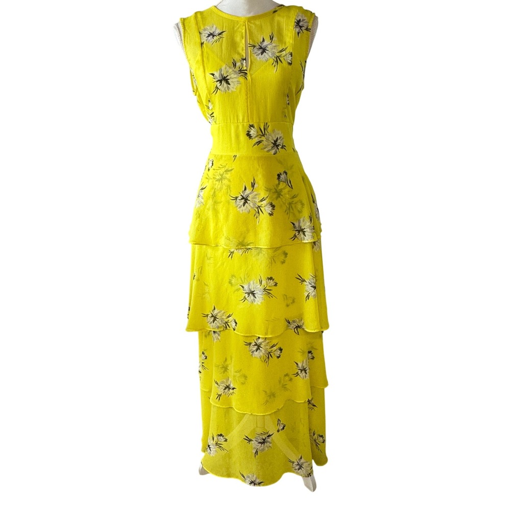 Great Jones Yellow Floral Chiffon Tiered Maxi Dress Sleeveless Size 8 Open Back